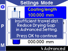 Warning message stating insufficient travel distance - reduce Drying Gap in advanced settings
