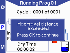 Warning message stating 'maximum travel distance exceeded'