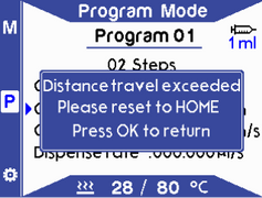 Warning message stating 'distance travel exceeded - reset to home'