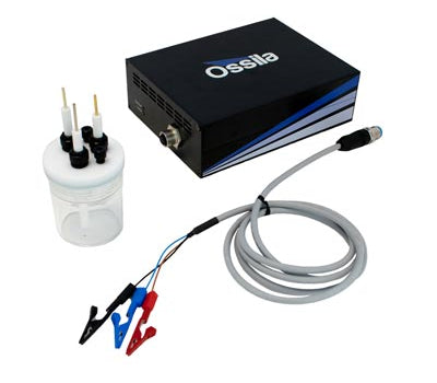 Ossila Potentiostat with cell and electrodes