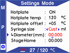 Settings mode - selecting a custom syringe size