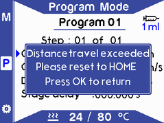 Warning message - Distance travel exceeded, please reset to HOME