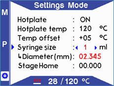 Settings mode - select syringe size