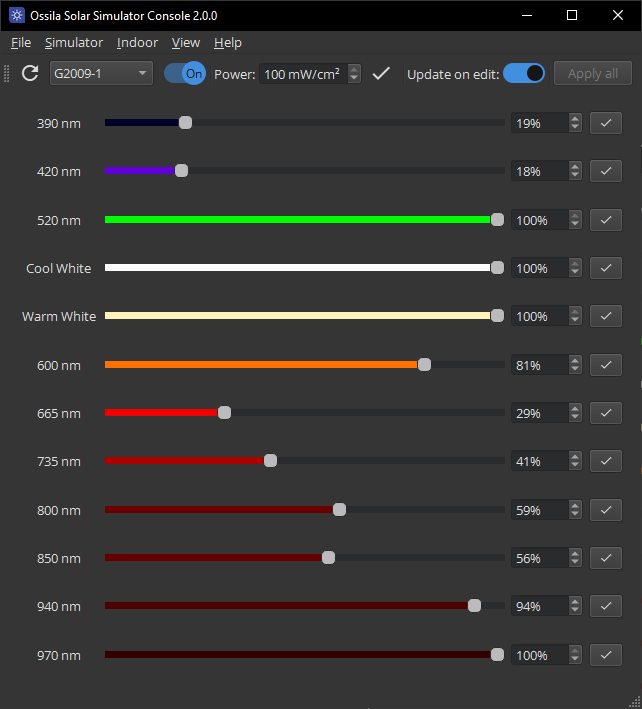Solar Simulator Console software (dark mode)
