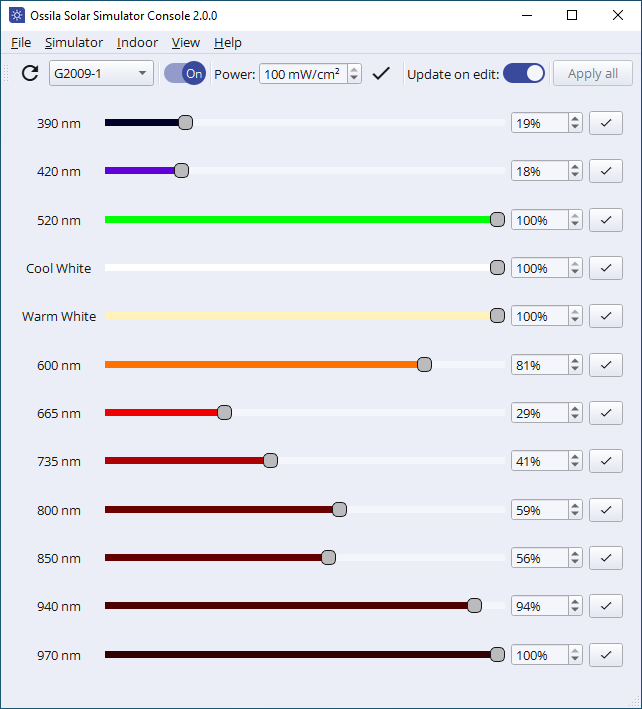 Solar Simulator Console software (light mode)