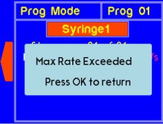 Warning message stating maximum dispense rate has exceeded