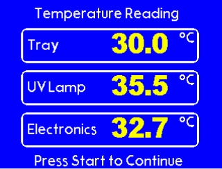 Tray, UV Lamp and Electronics temperature readings display