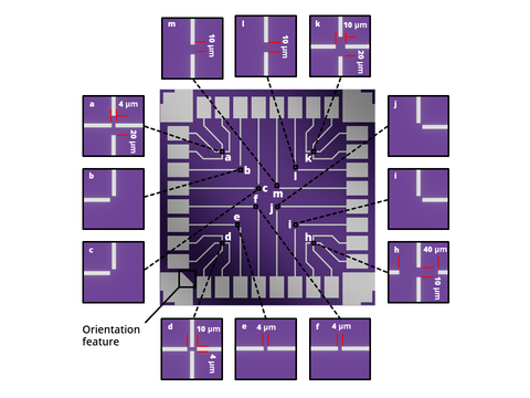 2D material FET test chip electrode layout